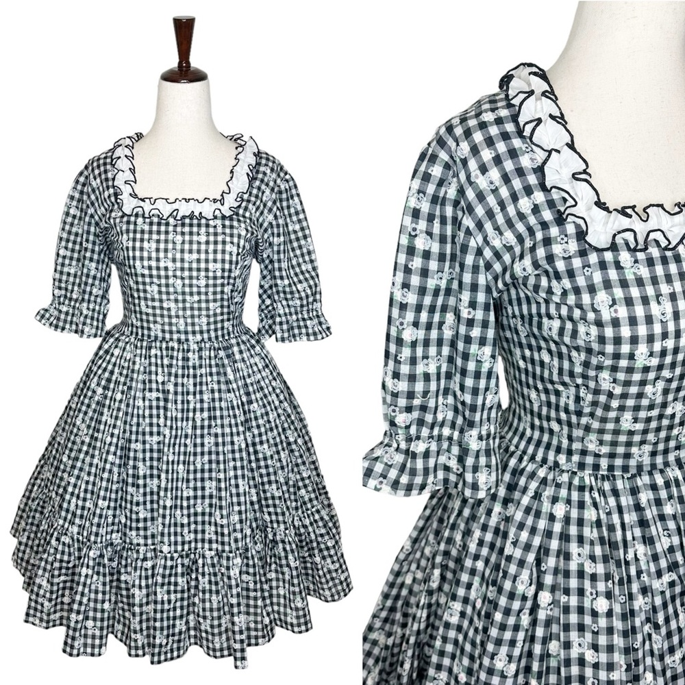 Vintage 50s Floral Gingham Western Square Dance Patio Puff Sleeve Dress Volup